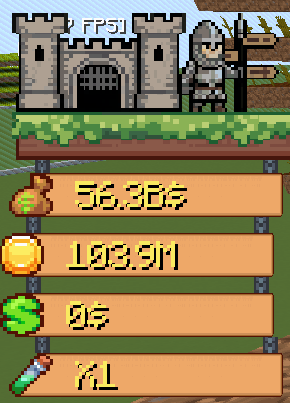 Interface de jeu avec quatre lignes : argent du joueur, Coins du joueur, banque du plot et multiplicateur d’XP.