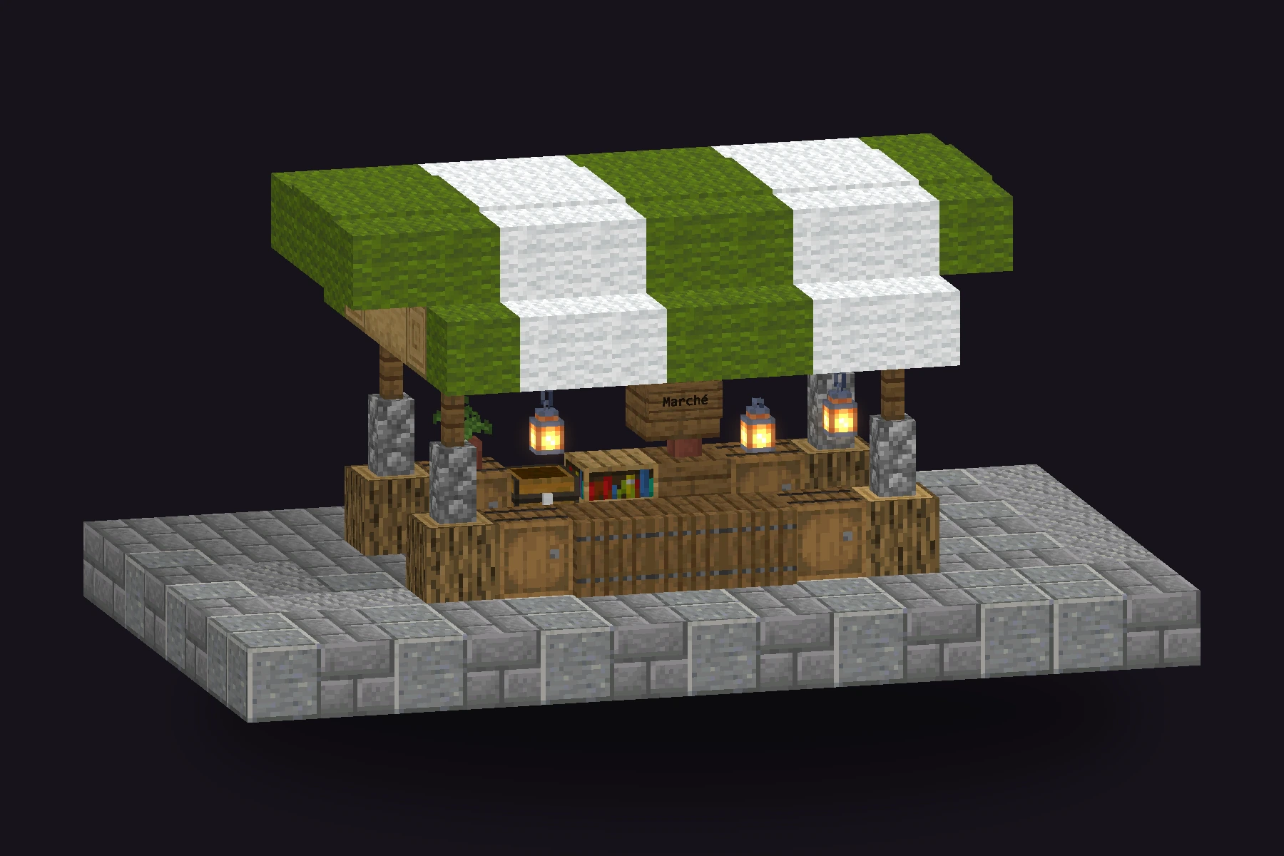 Le comptoir en bois, son auvent vert et blanc et ses lanternes.